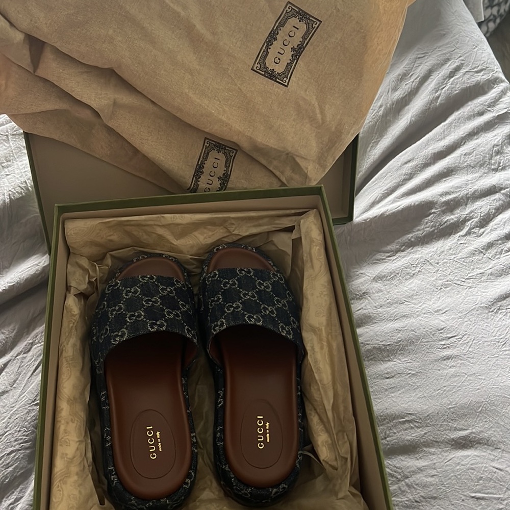 Gucci Blue Monogram Denim Slide Sandals - Picture 2 of 7